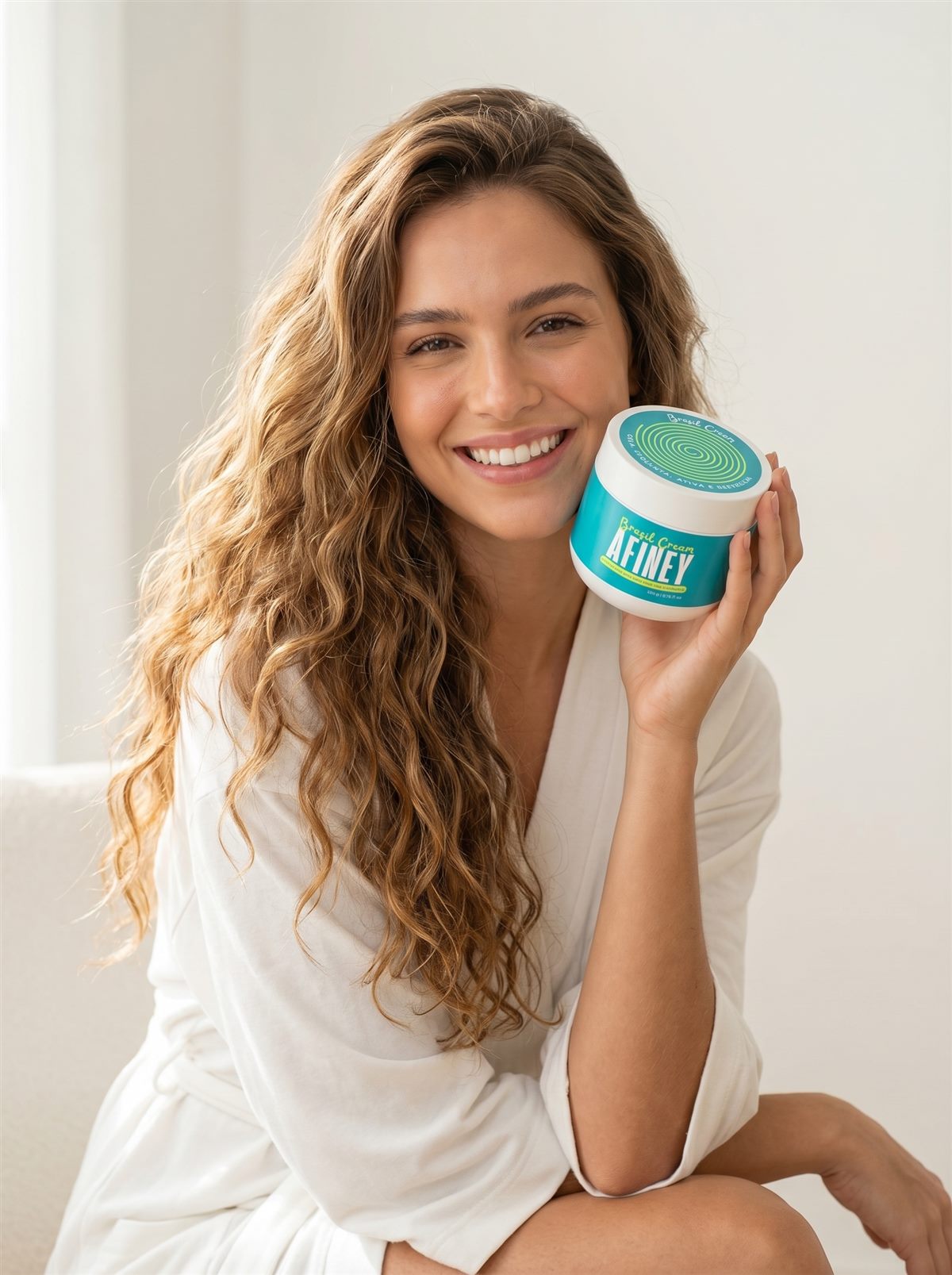 Mulher de roupão branco segurando o pote de Afiney Brasil Cream.